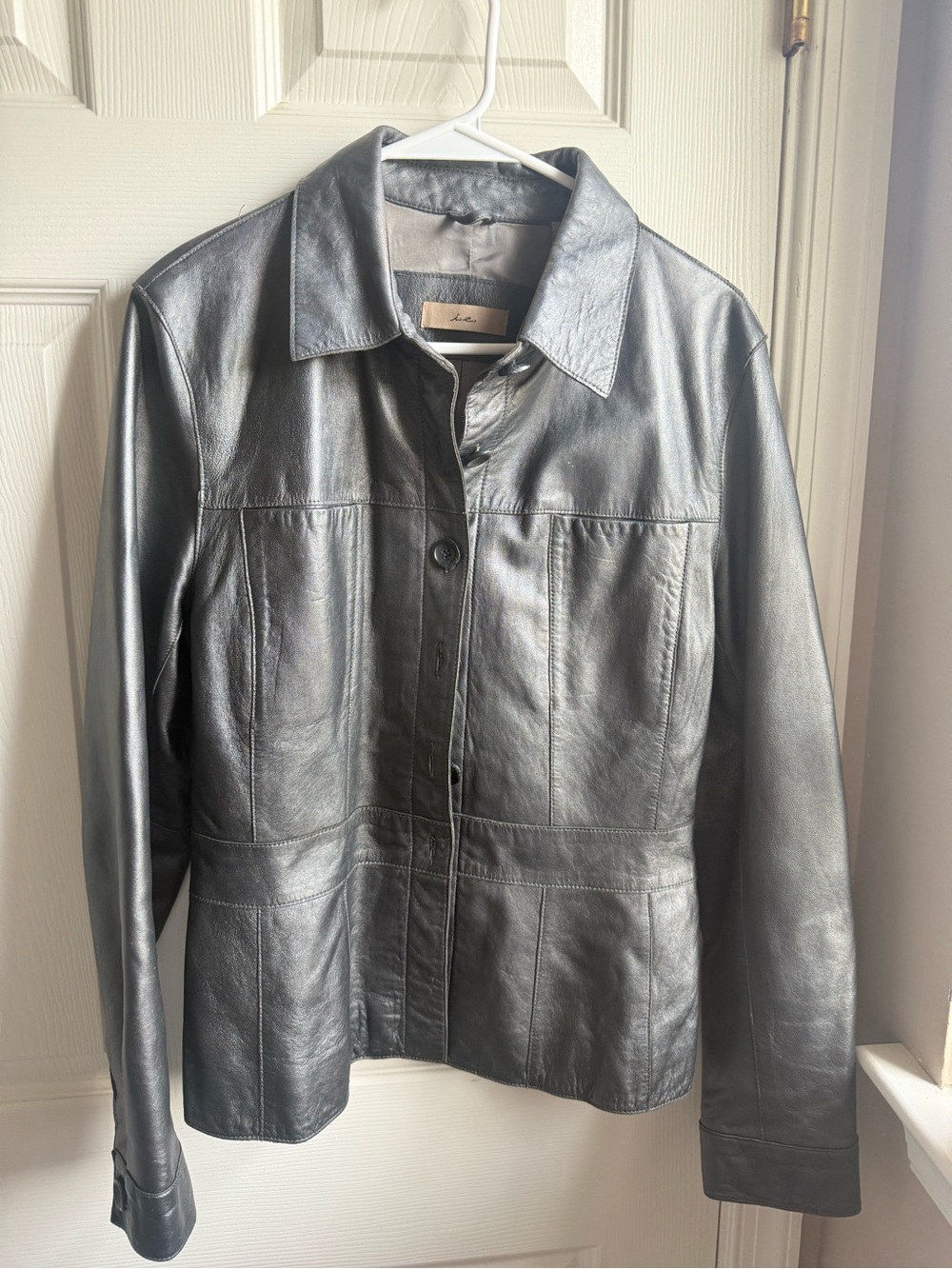 I.E. Women's Black Leather Button-Front Jacket Size 12 Large